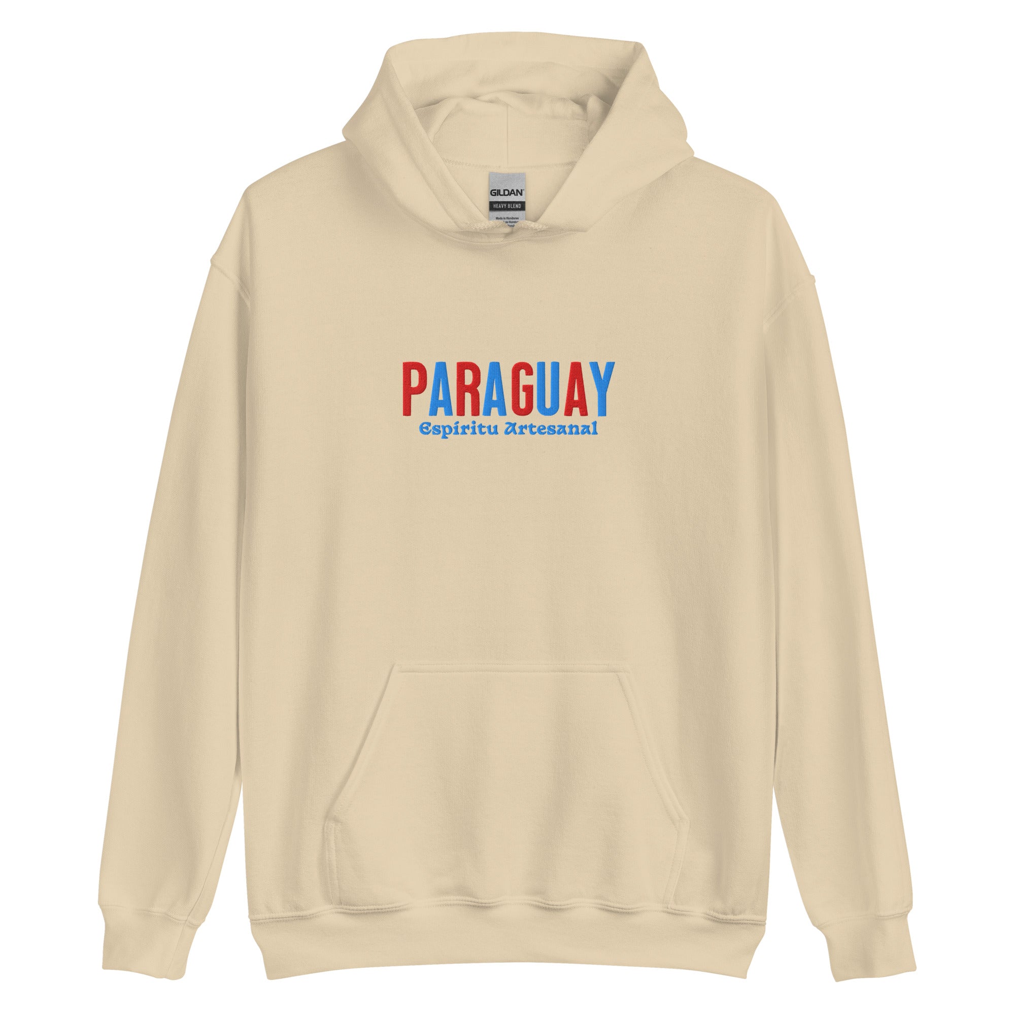Hoodie bordado con la frase “Espíritu Artesanal”, inspiración cultural de Paraguay.